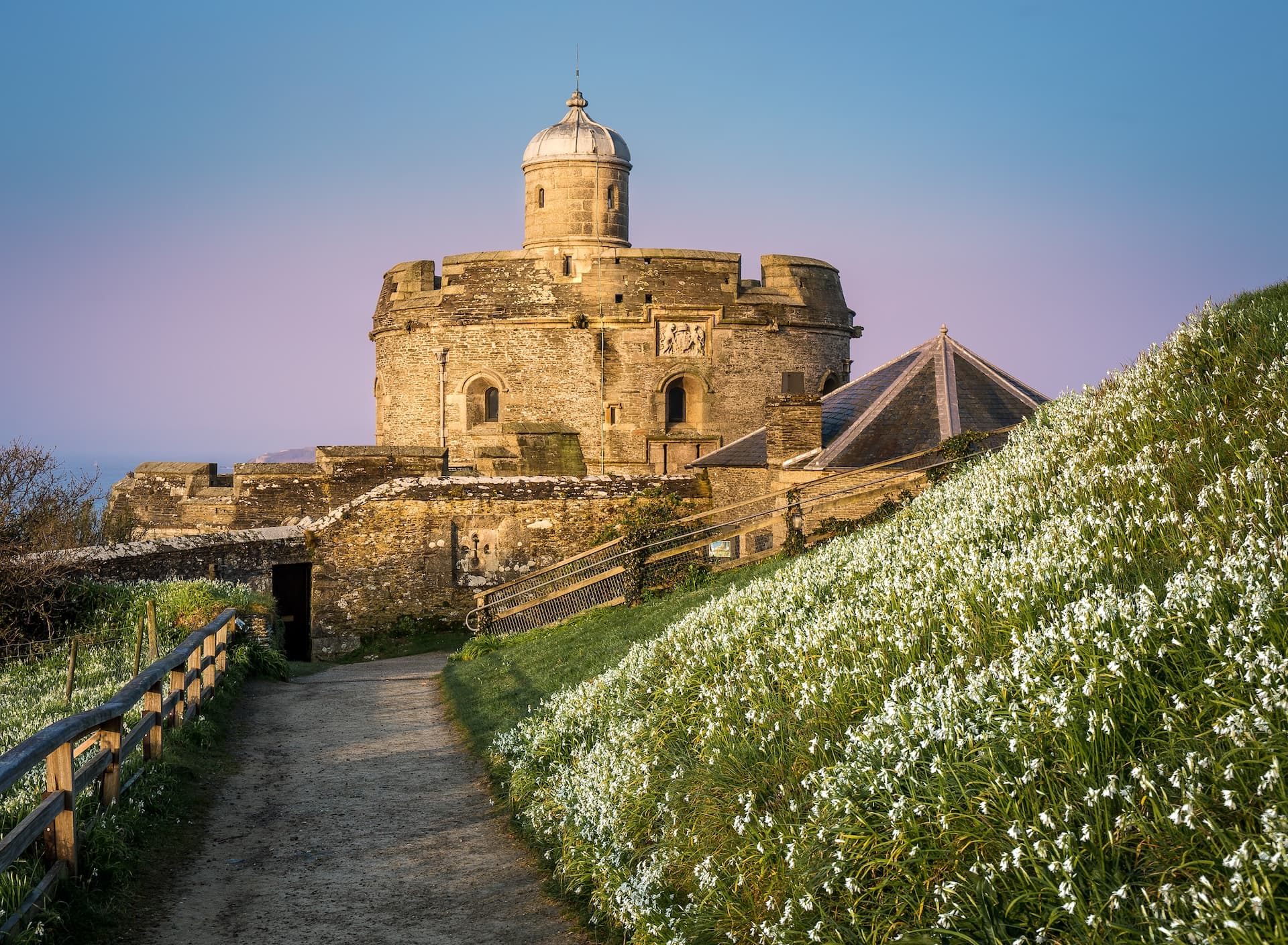 St Mawes Castle stone tower with a path lined by white wildflowers at sunrise