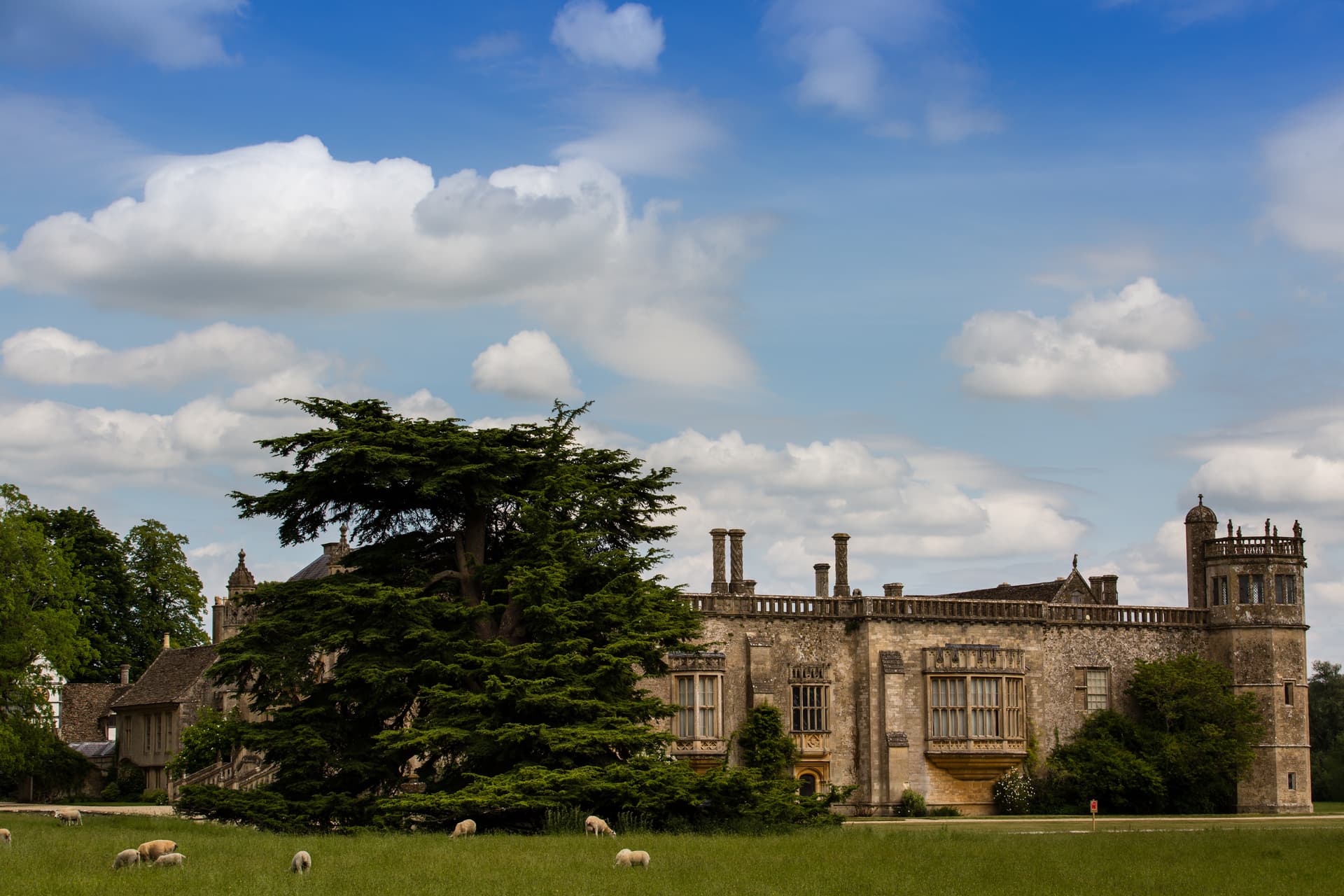 Stone manor house with sheep grazing in a grassy field under a blue, cloudy sky.