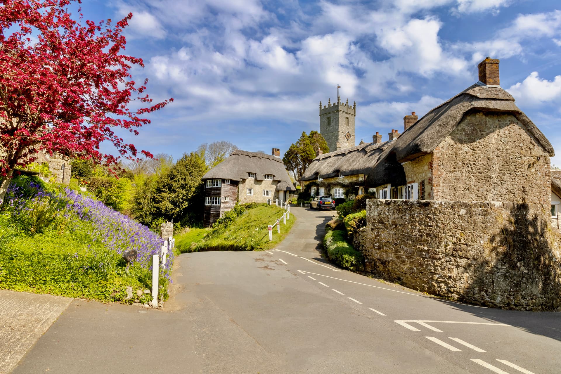 Thatched cottages and church tower on a sunny day with red blossoms and bluebells.