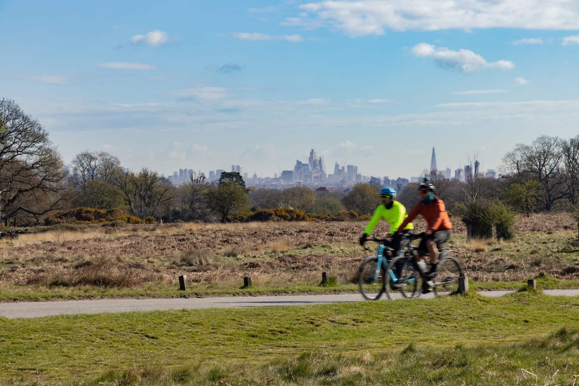 Cyclists riding past dry grass with the London skyline in the distance