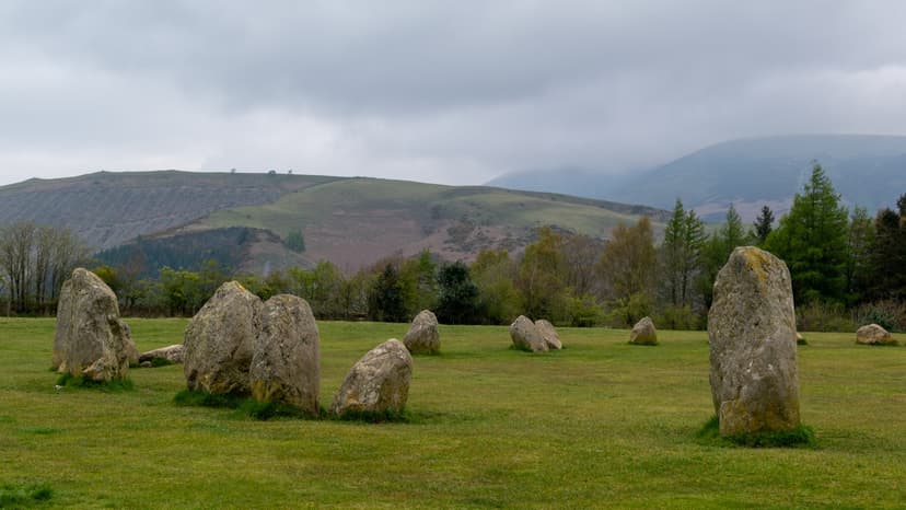 Castlerigg Stone Circle standing stones in a grassy field with mountains under a cloudy sky