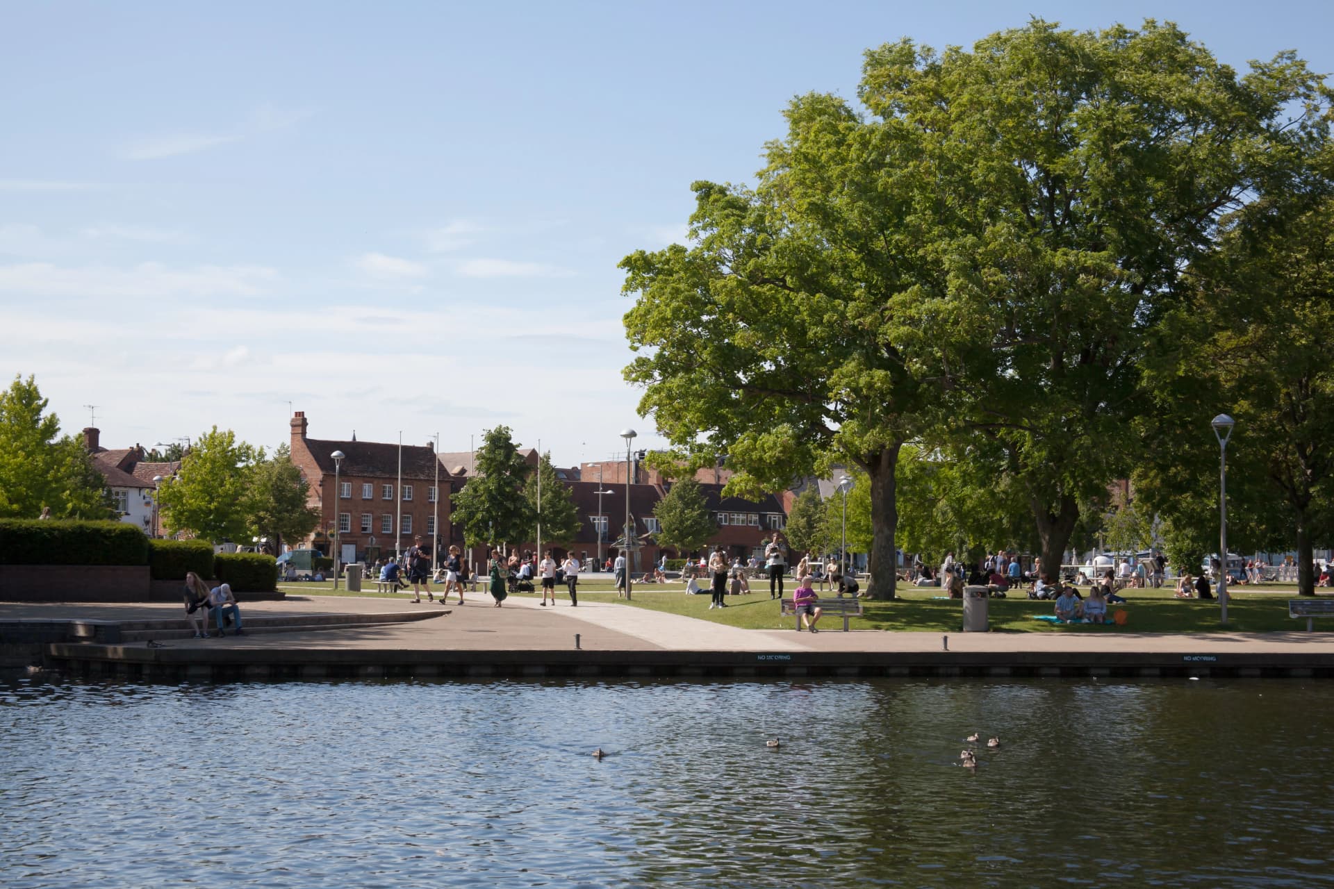Bancroft Gardens from the far side of The River Avon at Stratford upon Avon in Warwickshire in the UK