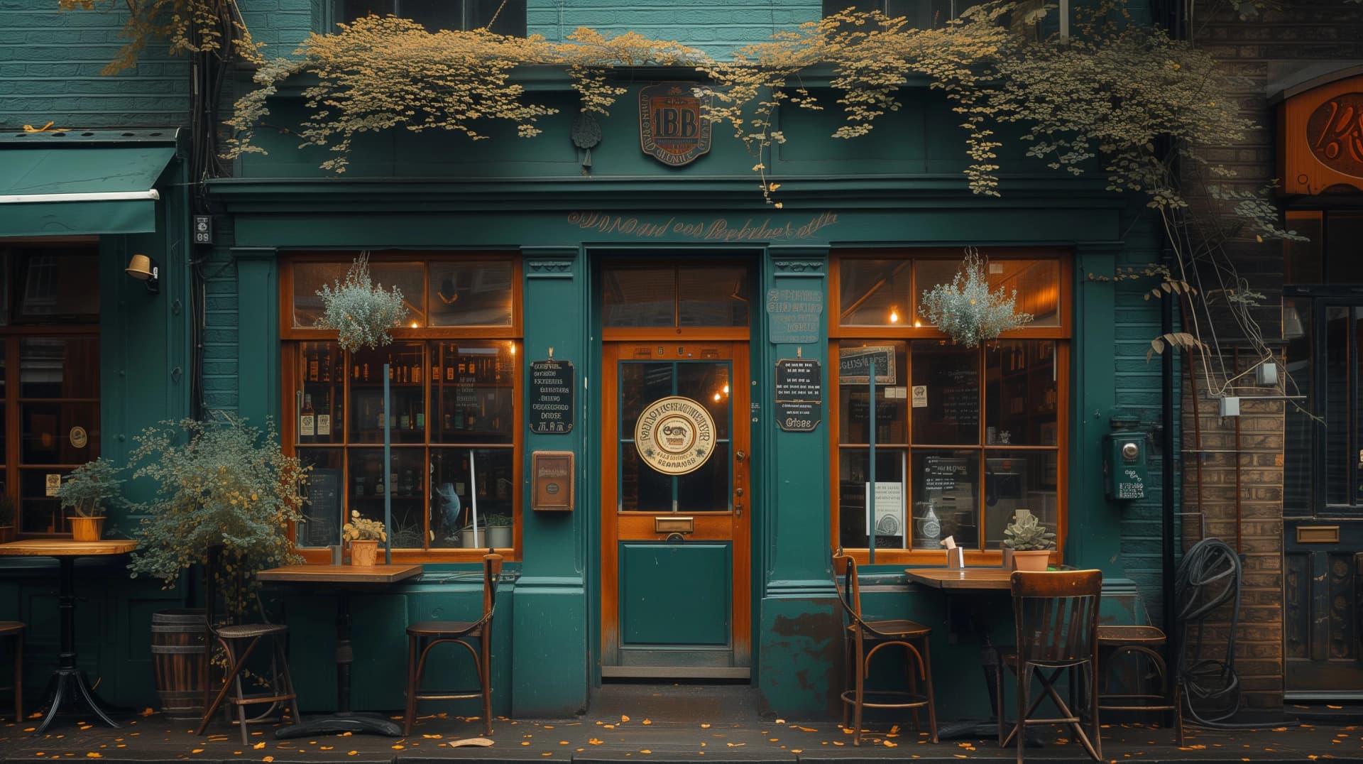 the front side of a traditional green old Pub, London UK, green pub outside in the evening, British pub