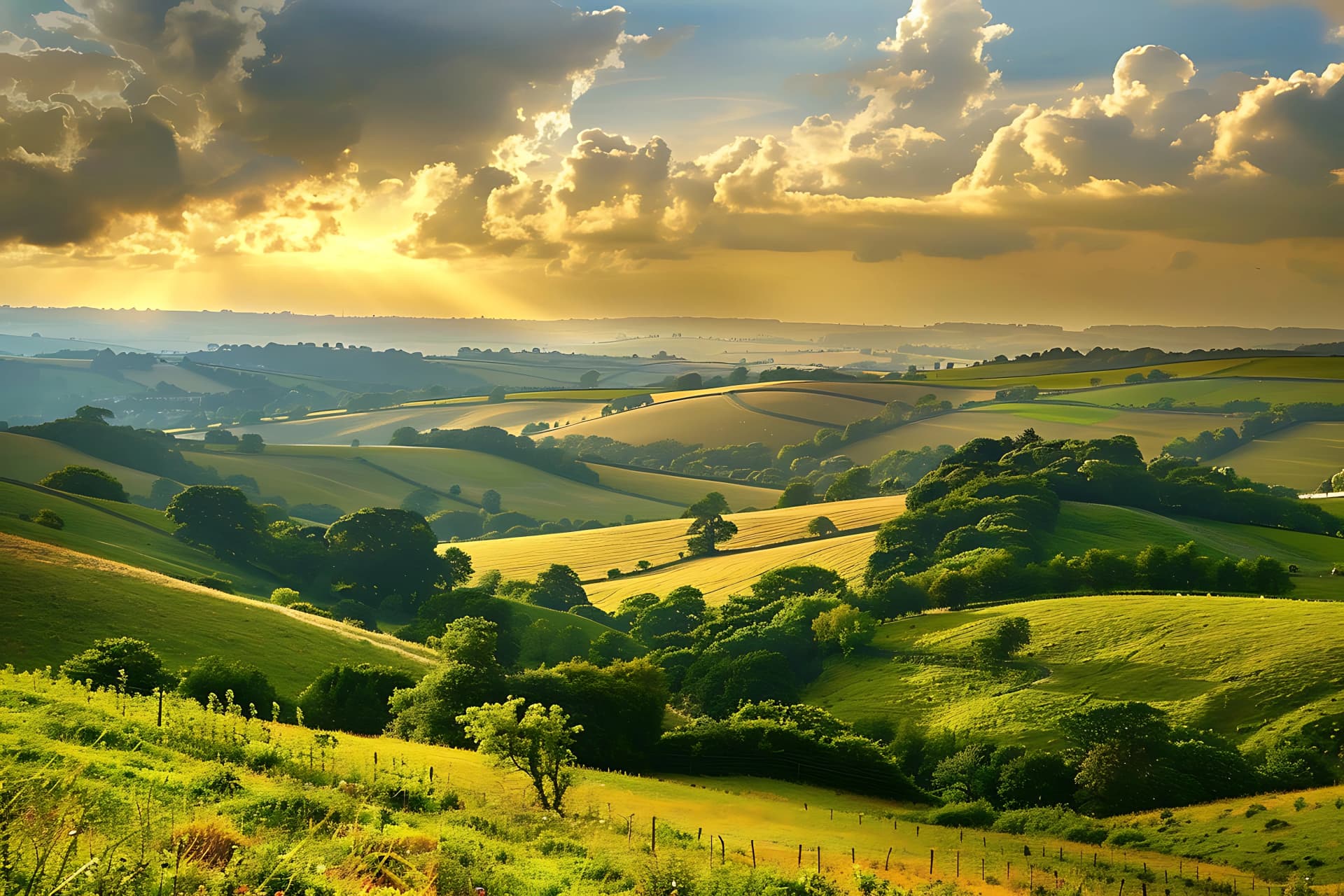 Sunset over rolling hills in the English countryside, with green fields