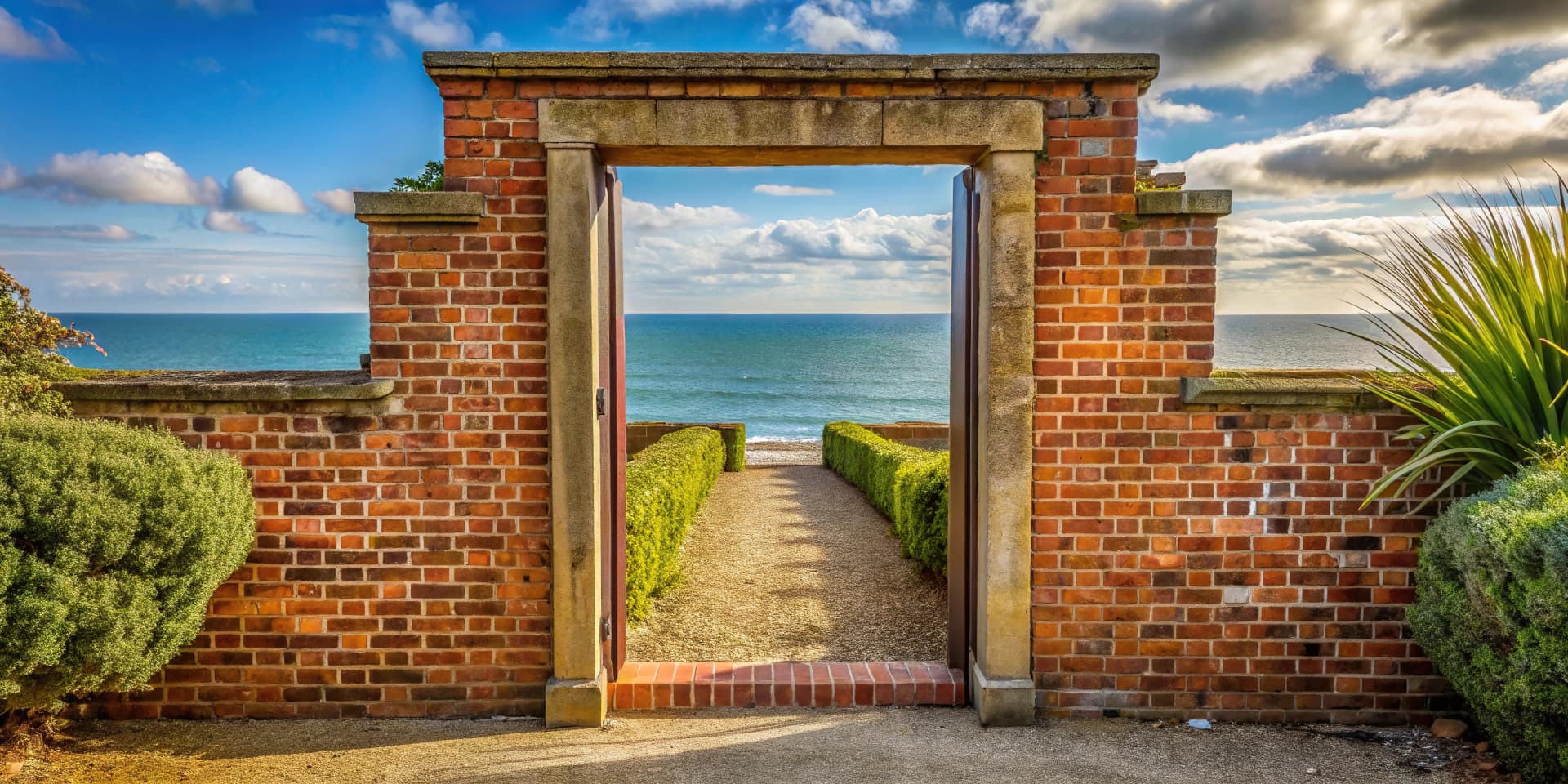 Tilted angle garden doorway in block wall on seafront mansion near Littlehampton in West Sussex England