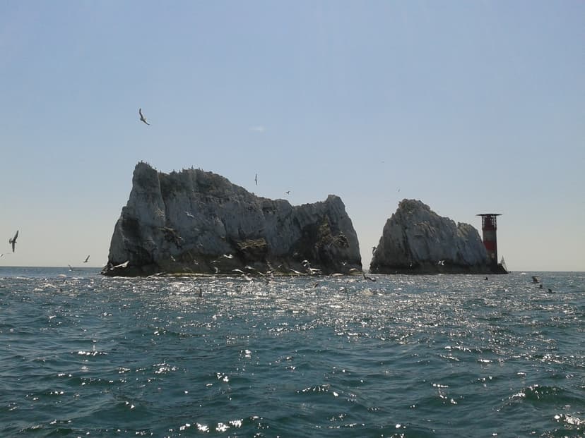 Isle of Wight Needles chalk stacks and lighthouse in the sea with flying birds