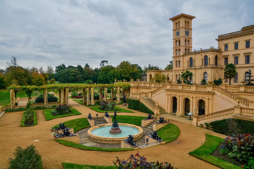 Osborne House and formal gardens with fountain in Cowes, Isle of Wight