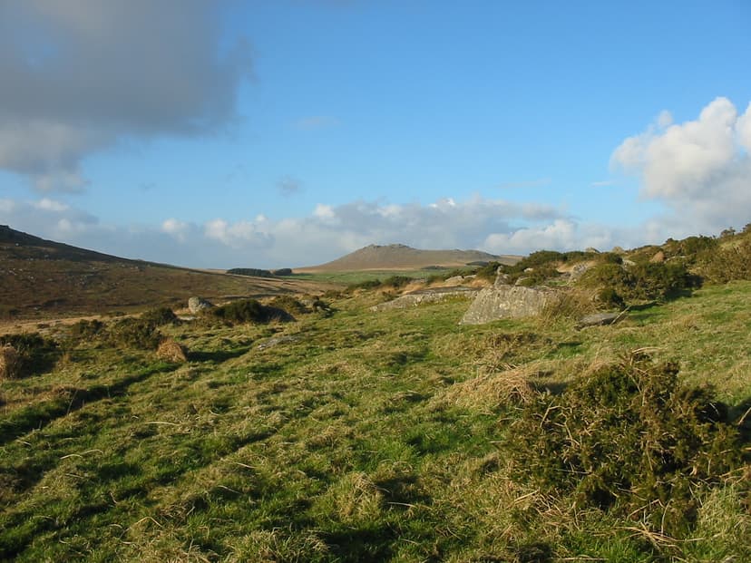 Brown Willy tor on Bodmin Moor with grassy landscape and blue sky